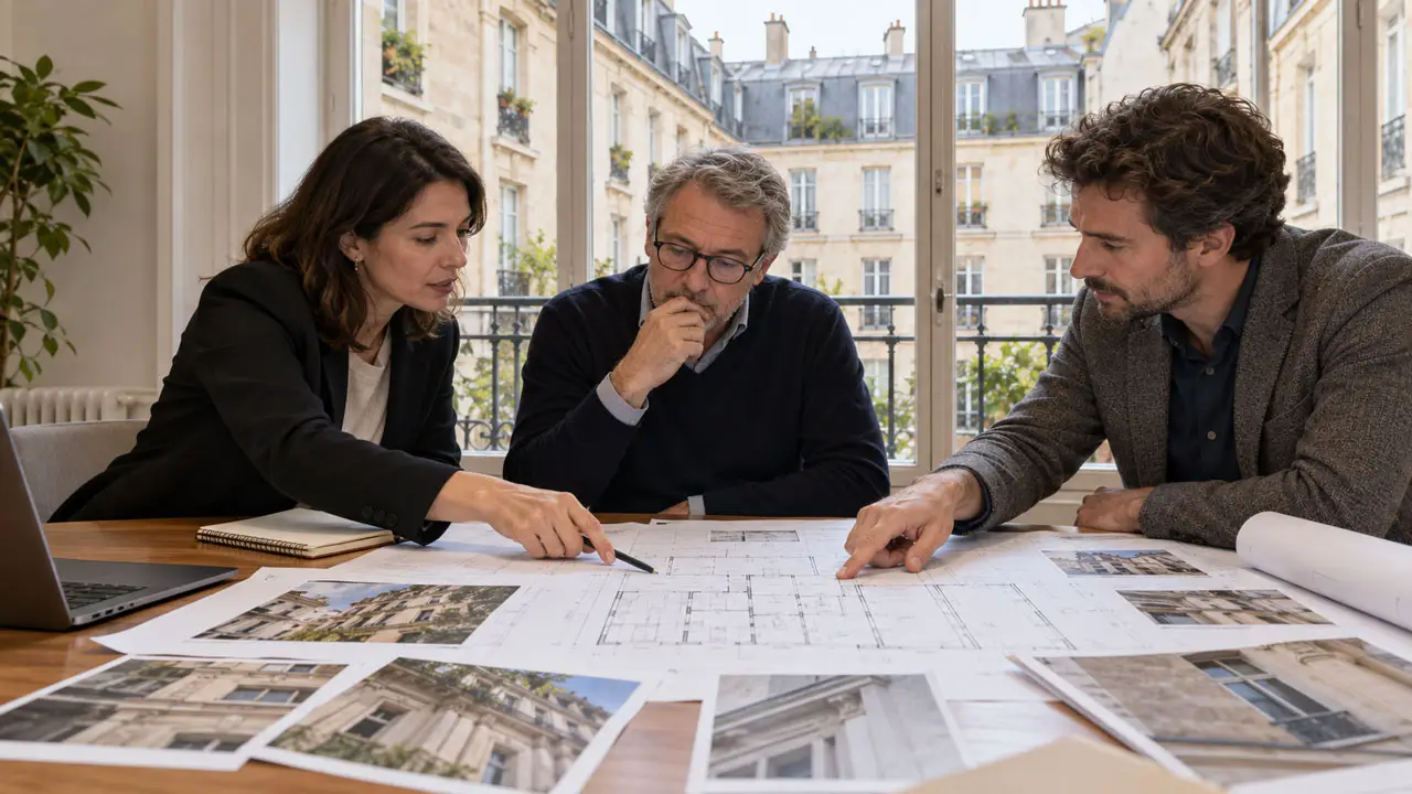Syndic et conseil syndical examinant les travaux &agrave; prioriser dans un immeuble en copropri&eacute;t&eacute;