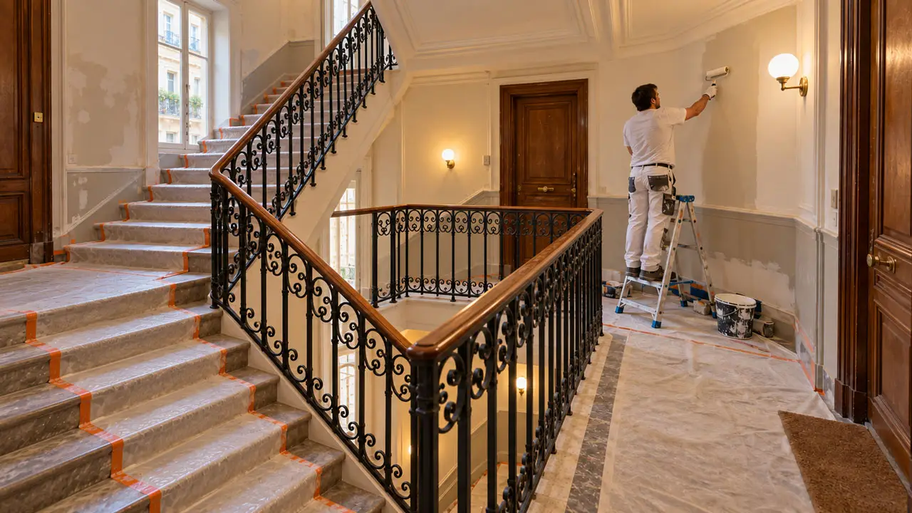 Travaux de peinture dans une cage d&rsquo;escalier de copropri&eacute;t&eacute;, avec marches prot&eacute;g&eacute;es et garde-corps