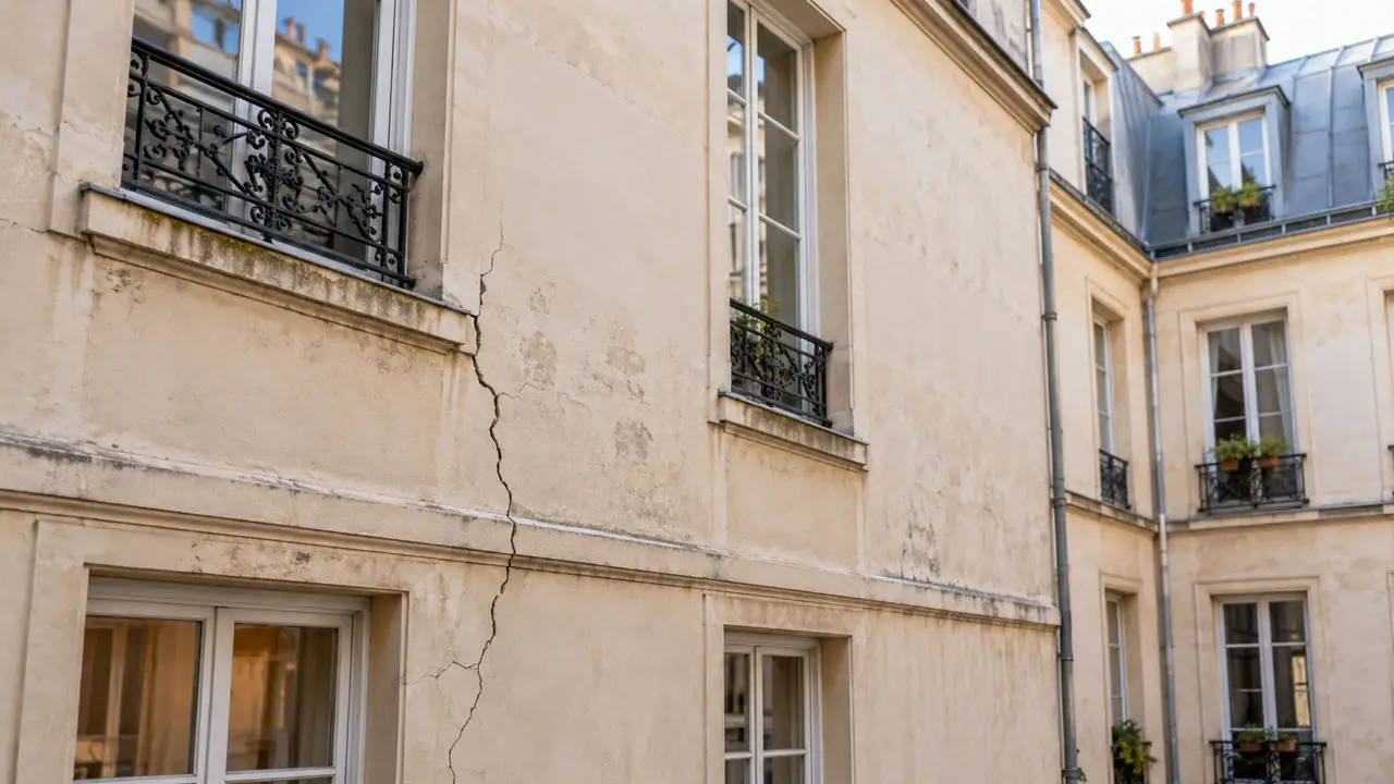 Fissure visible sur la fa&ccedil;ade d&rsquo;un immeuble en copropri&eacute;t&eacute;