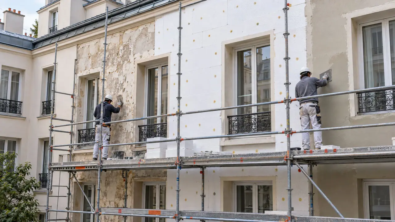 Travaux d&rsquo;isolation ext&eacute;rieure et de ravalement sur la fa&ccedil;ade d&rsquo;un immeuble en copropri&eacute;t&eacute;